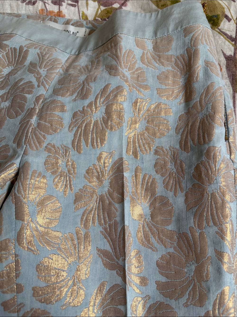 Light Blue Skinny Pants with Gold Floral Jacquard